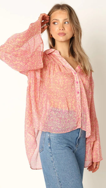 Coral Pink Floral Button Down Shirt