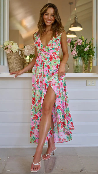 Pink Rose Print Midi Dress