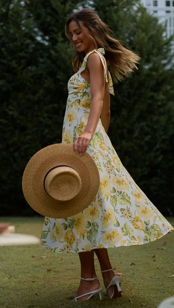 Yellow Floral Shoulder Tie Midi Dress