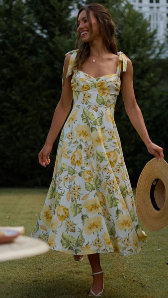 Yellow Floral Shoulder Tie Midi Dress