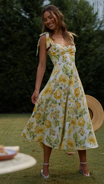 Yellow Floral Shoulder Tie Midi Dress