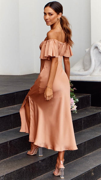Peach Pink Off Shoulder Midi Dress