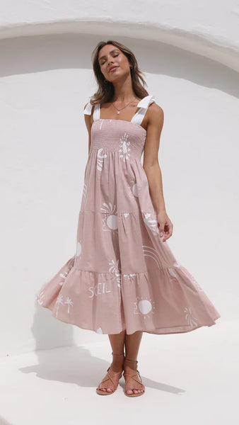 Dusty Pink Shoulder Tie Midi Dress