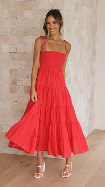 Red Shoulder Tie Tiered Midi Dress