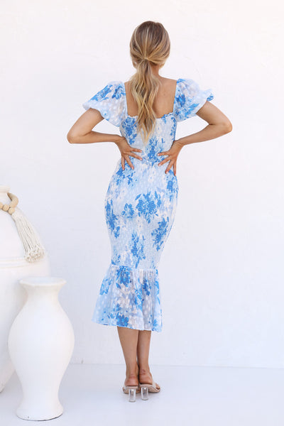 Blue Floral Print Midi Dress