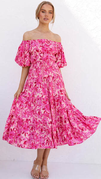 Hot Pink Flora Off Shoulder Midi Dress