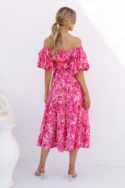 Hot Pink Flora Off Shoulder Midi Dress