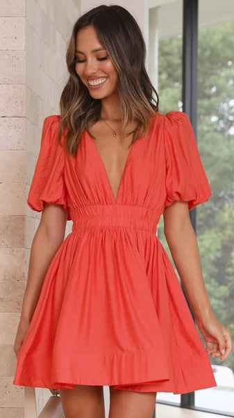 Orange Plunging V Neck Mini Dress