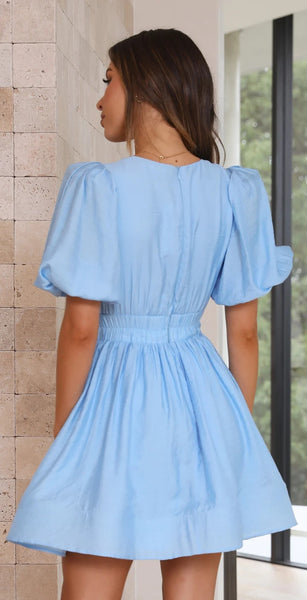 Blue Plunging V Neck Mini Dress