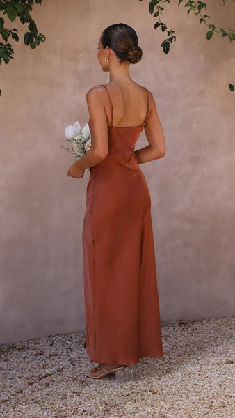 Brown Slip Satin Midi Dress