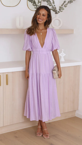 Purple Deep V Neckline Tiered Midi Dress