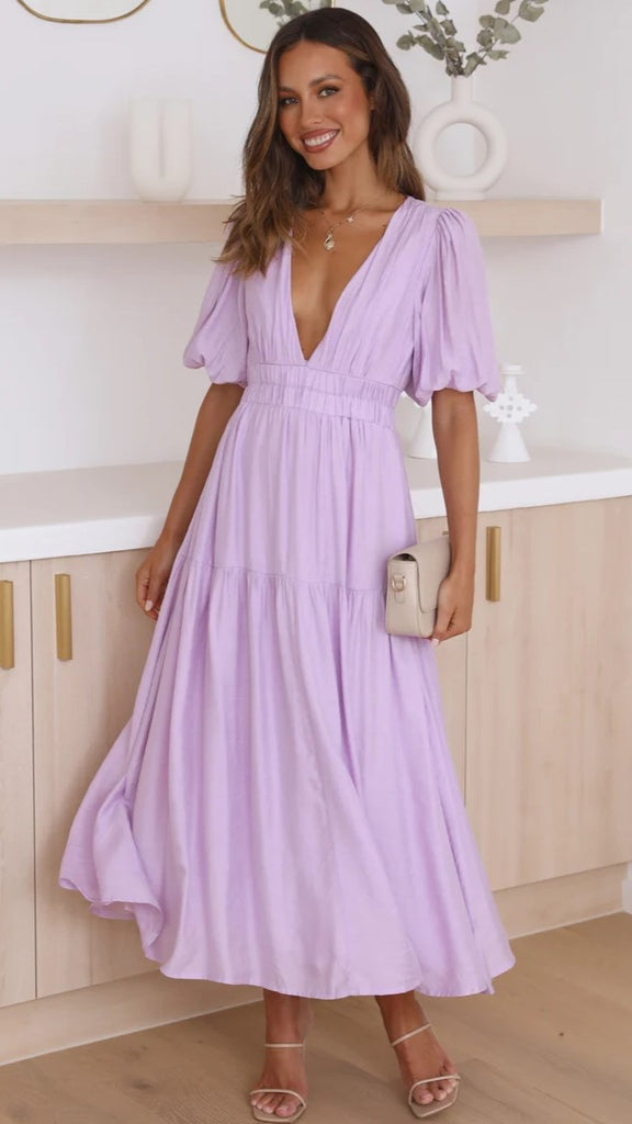 Purple Deep V Neckline Tiered Midi Dress