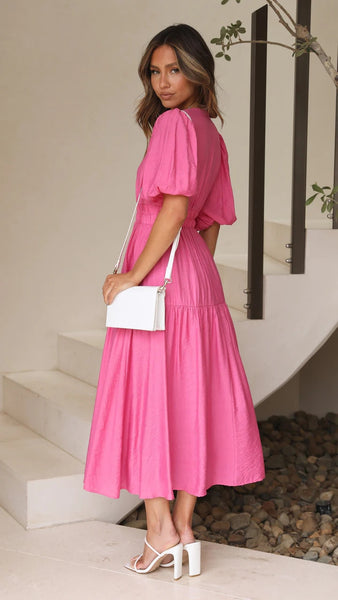 Pink Deep V Neckline Tiered Midi Dress