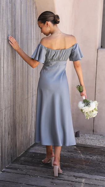 Steel Blue Off Shoulder Midi Dress