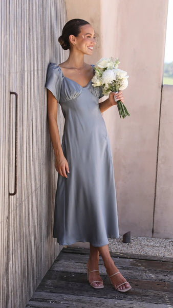 Steel Blue Off Shoulder Midi Dress