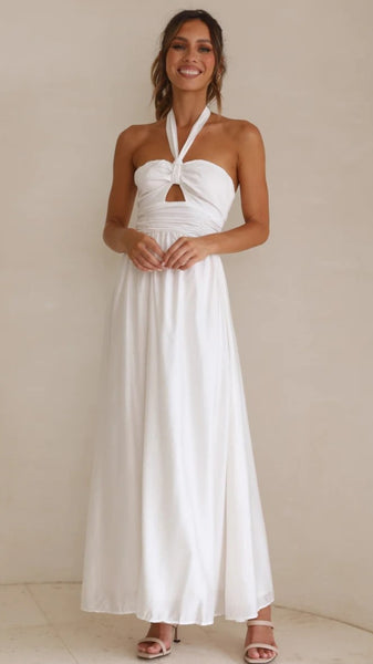 White Solid Halter Maxi Dress