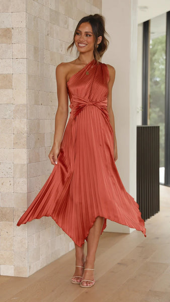 Brown One Shoulder Midi Dress