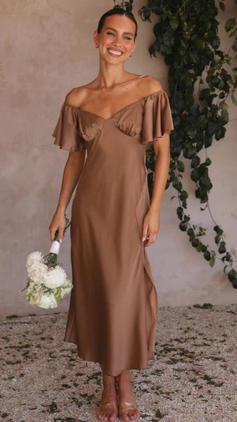 Chocolate Off Shoulder Midi Dress