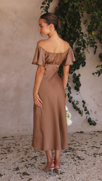 Chocolate Off Shoulder Midi Dress