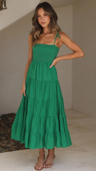 Green Shoulder Tie Tiered Midi Dress
