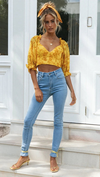 Golden Leaves Print Bowtie Back Crop Top
