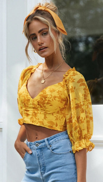 Golden Leaves Print Bowtie Back Crop Top