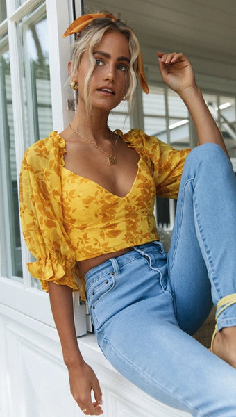 Golden Leaves Print Bowtie Back Crop Top