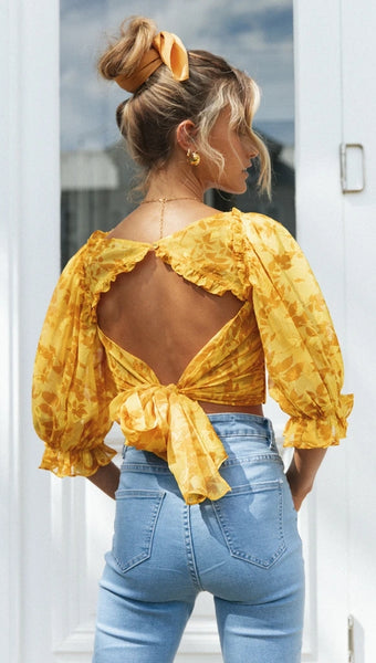 Golden Leaves Print Bowtie Back Crop Top