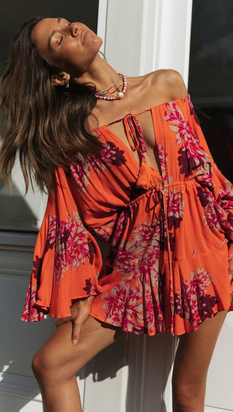 Carrot Floral Off Shoulder Withdraw Rompers