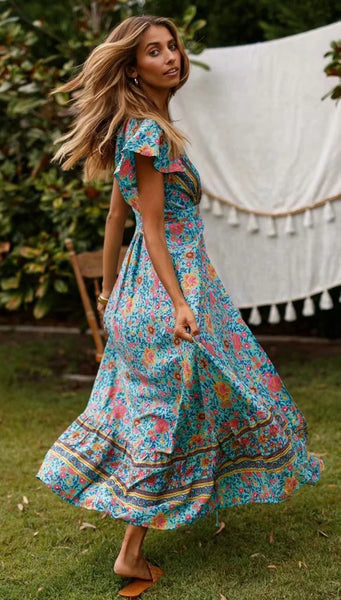 Graceful Teal Floral Sun Dress