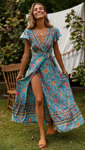Graceful Teal Floral Sun Dress