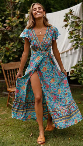 Graceful Teal Floral Sun Dress