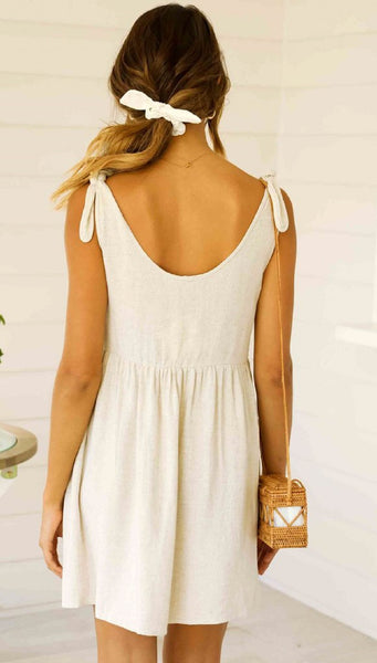 Beige Shoulder-Tie Shift Dress