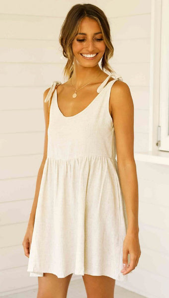 Beige Shoulder-Tie Shift Dress