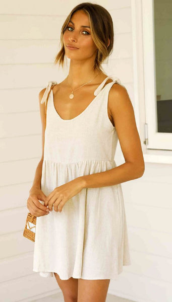 Beige Shoulder-Tie Shift Dress