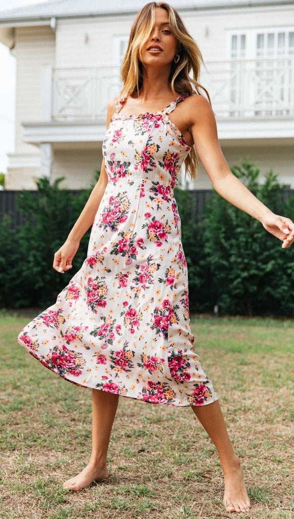 Pink Roses Print Ruffles Cami Dress