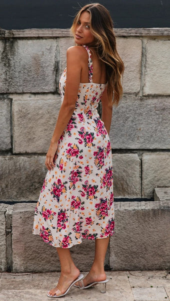 Pink Roses Print Ruffles Cami Dress