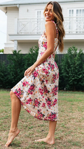 Pink Roses Print Ruffles Cami Dress