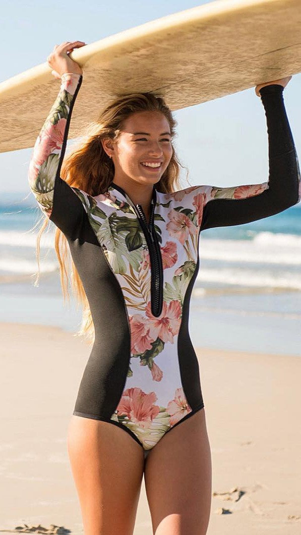 Floral Paneled Long Sleeve Surf Swimsuit