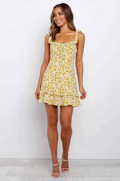 Yellow Sunflower Print Frill Mini Dress