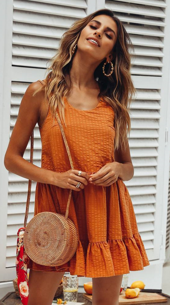 Orange Sleeveless Pleated Shift Dress