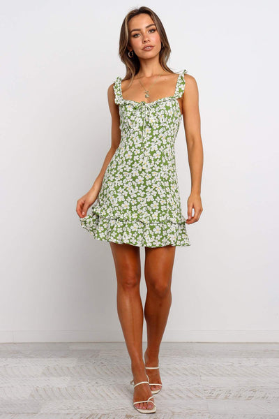 Green Sunflower Print Frill Mini Dress