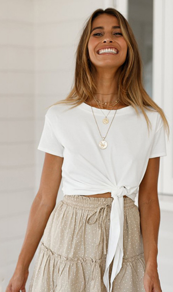 White Waist-Tie Cropped Tee