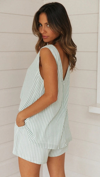 Green Striped Tank and Shorts Matching Sets