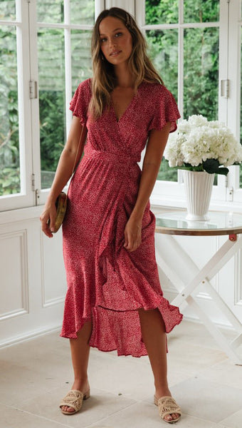 Red Floral Waist-Tie Surplice Hi-Lo Dress