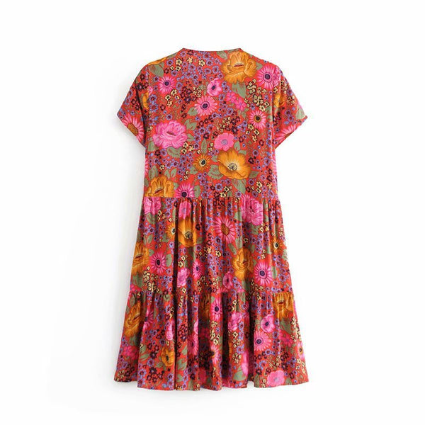 Retro Red Floral Buttoned Rayon Dress