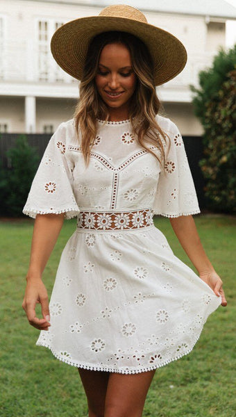 White Crochet Waist Flare Dress