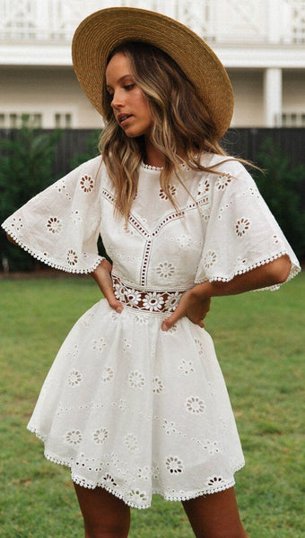 White Crochet Waist Flare Dress
