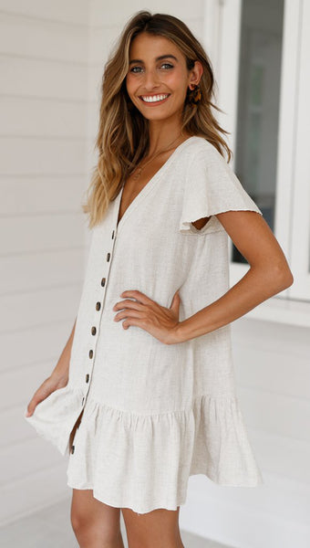 Beige Button Down Shift Linen Dress