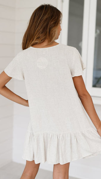 Beige Button Down Shift Linen Dress